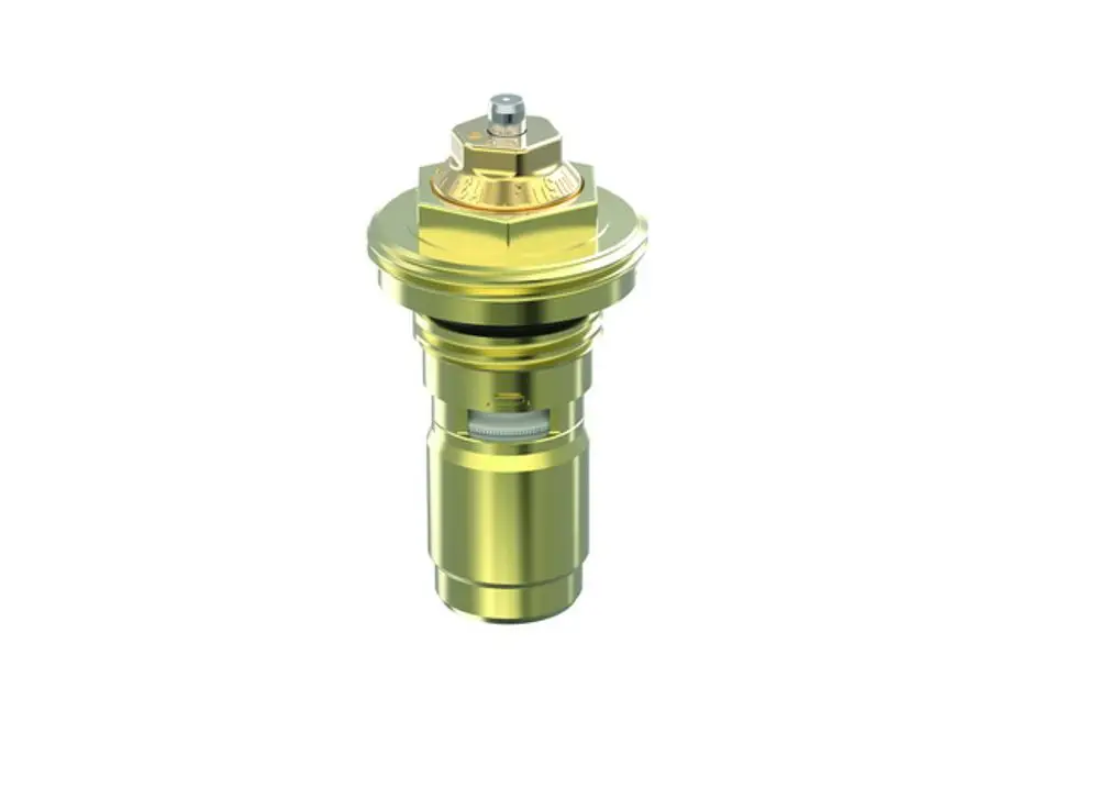 Thermostat-Oberteil in Goldfarbe für Heizkörper, gefertigt von IMI Hydronic Engineering. Das Produkt hat eine runde Oberseite mit einer Einstellschraube und einem zentralen Anschluss.